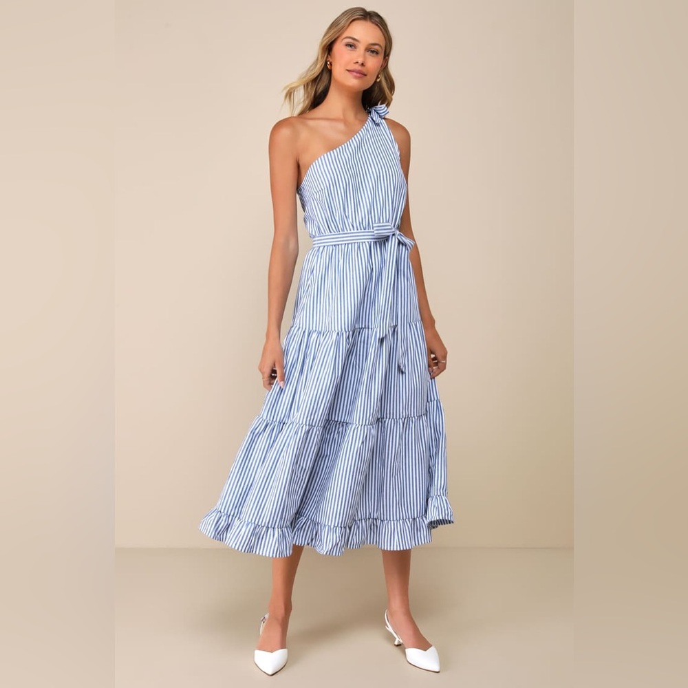 Lulu's Blue Striped One-Shoulder Midi Dress